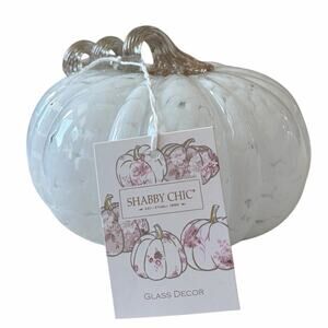 Shabby Chic Hand Blown Art Glass White Pumpkin Amber Stem 8" Chic Fall Decor NEW